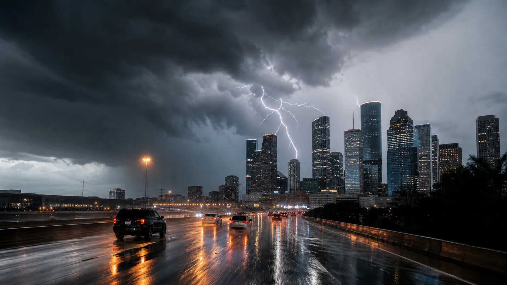 Storm clouds and lightning over a rain-soaked metropolitan freeway